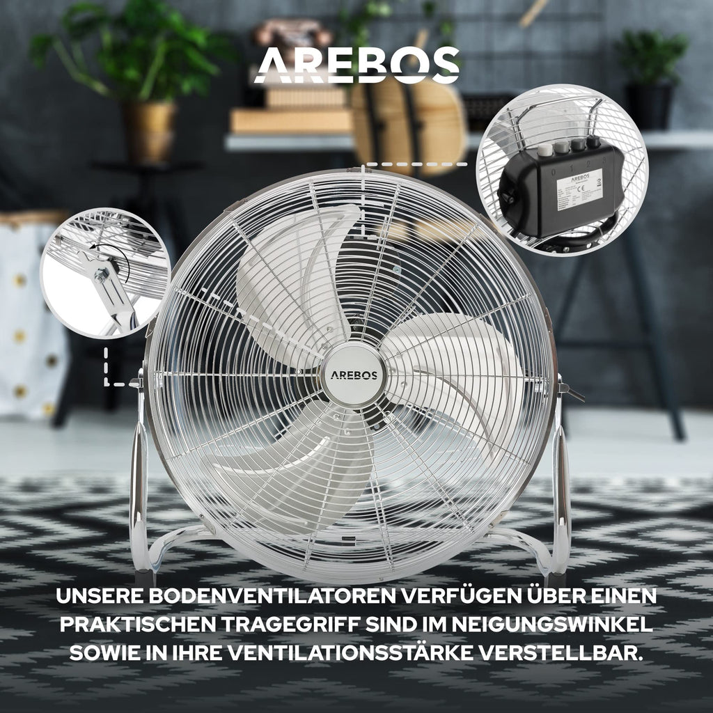 Arebos Bodenventilator Ø45 cm | Windmaschine Retro Stil | Ventilator | 3 Geschwindigkeitsstufen | hoher Luftdurchsatz | 100° einstellbarer Neigungswinkel | Chrom