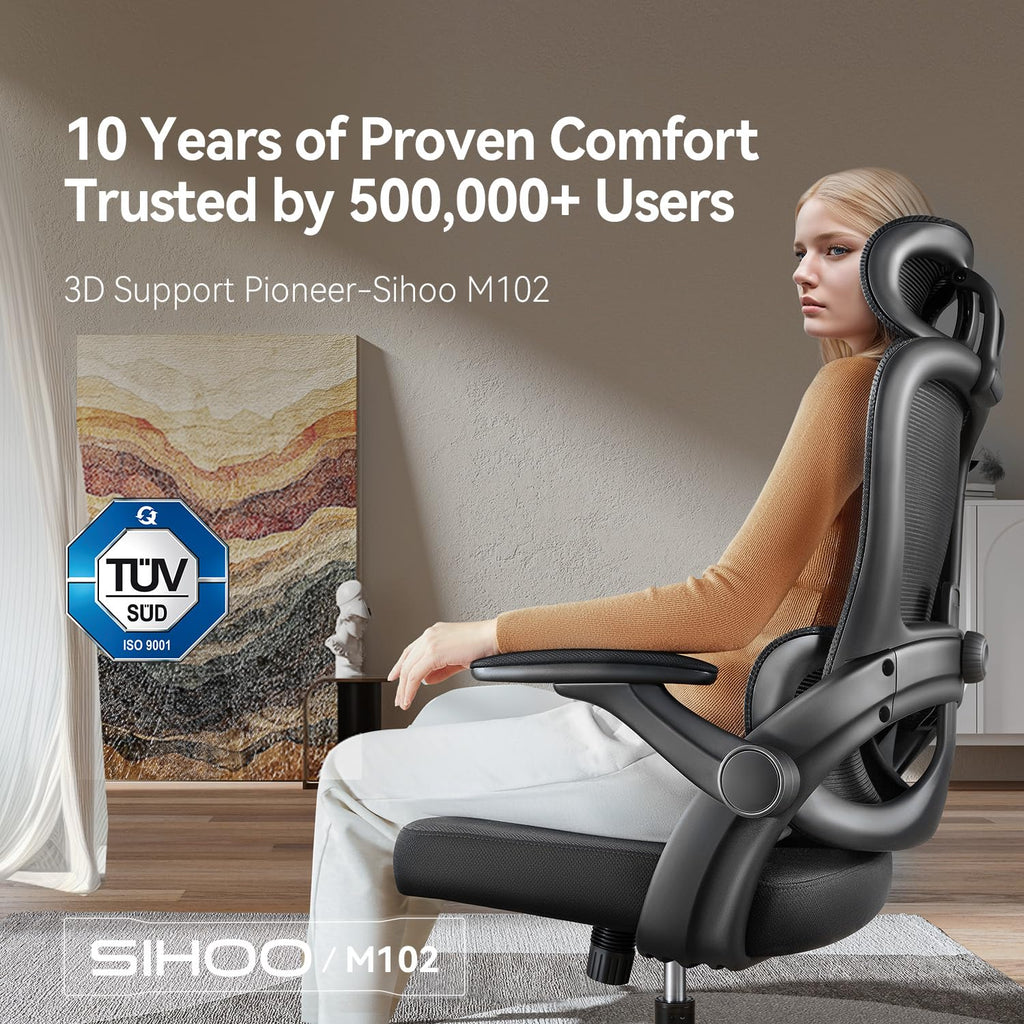 SIHOO M102C Bürostuhl Ergonomisch Schreibtischstuhl, Drehstuhl mit 3D-Armlehnen, Hohe Rückenlehne Lendenwirbelstütze Nach Oben und Unten, Höhenverstellung und Wippfunktion Schwarz