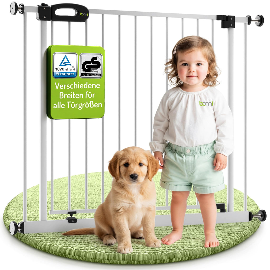 BOMI TÜV GS Siegel Türschutzgitter Merle | Zum Klemmen | 90° Stop | Schließt automatisch | Tuerschutzgitter weiß Metall Selbstschließend | Treppengitter zum Klemmen für Baby | Breite: 95-103 cm