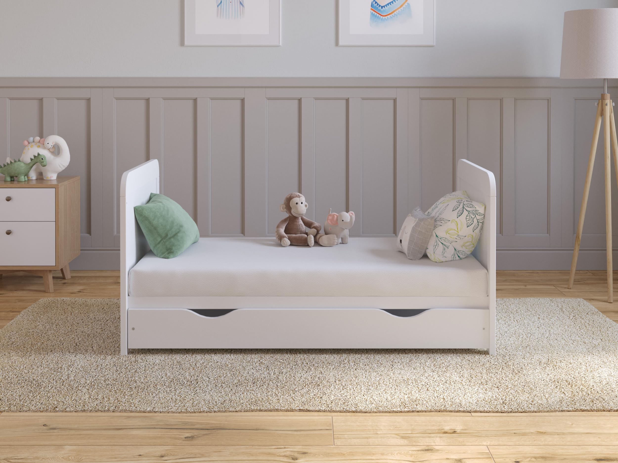 Love For Sleep Babybett Beistellbett 120x60 cm mit Schublade & Matratze - Kinderbett Baby Bett Holz Weiß, Babybett Komplett Set - Kinderbett Babybett Mitwachsend Gitterbett