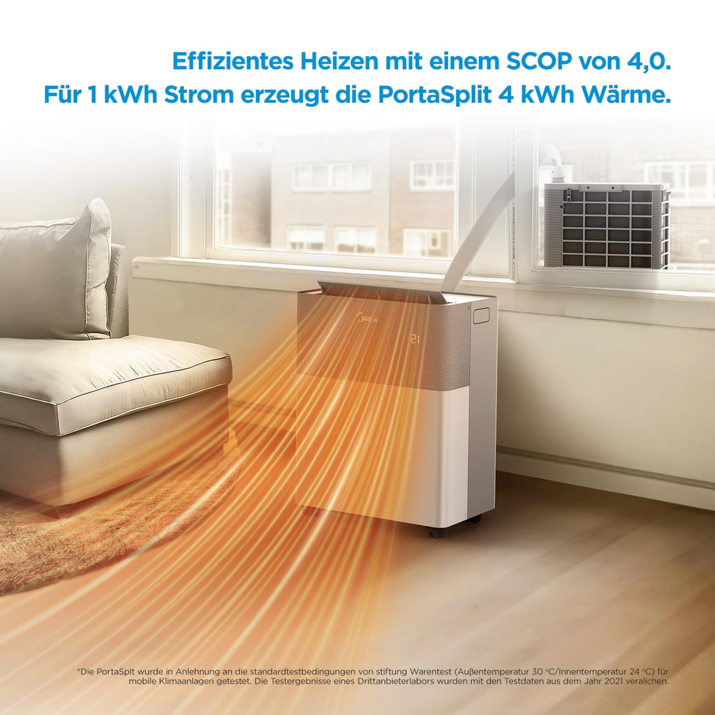 Midea Portasplit Mobile Wärmepumpe, Klimaanlage, Kühlen A++/Heizen A+, 12000 BTU 3, 5kW, für Räume bis zu 42 m² / 105 m³, nur 39 dB(A) im Silent-Modus