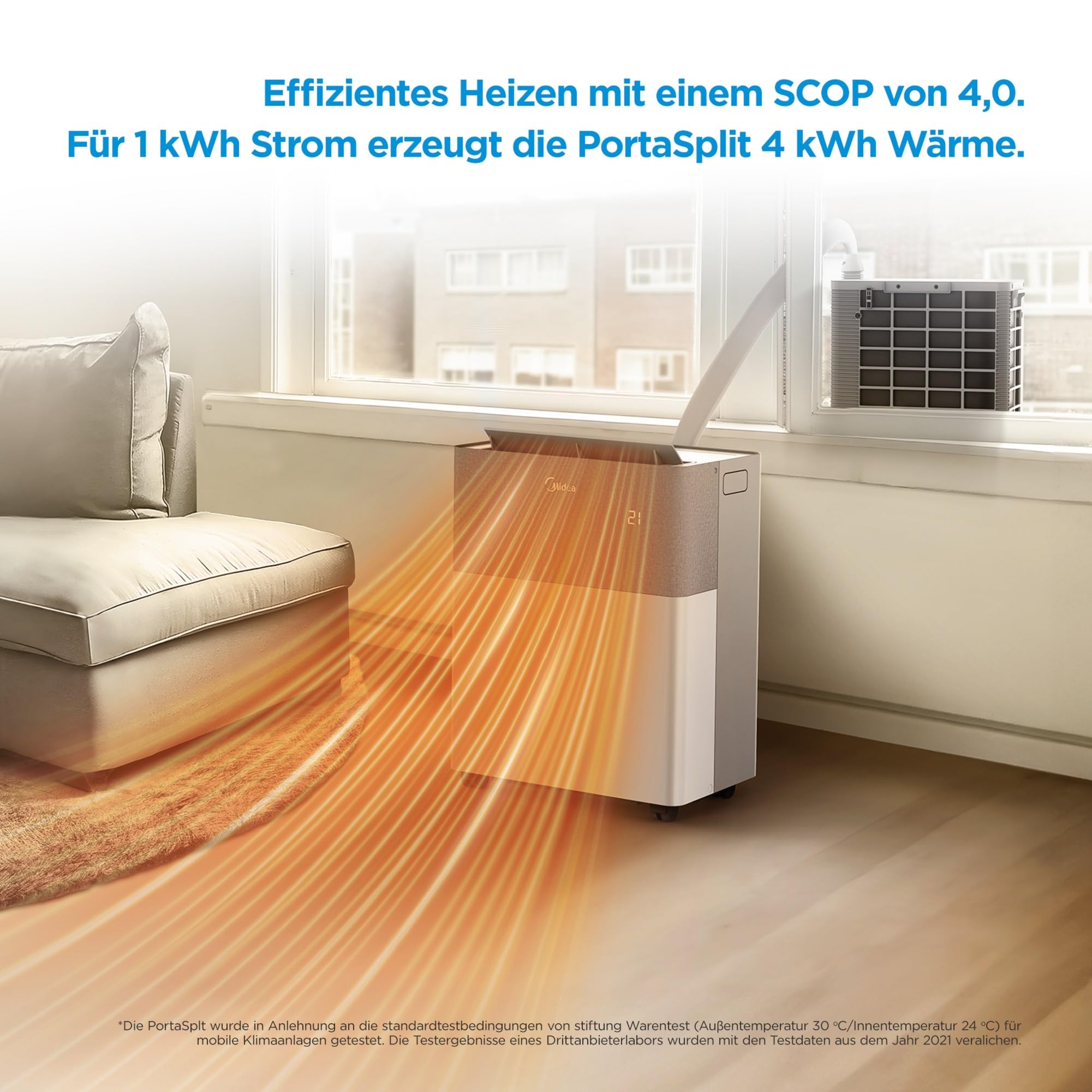 Midea Portasplit Mobile Wärmepumpe, Klimaanlage, Kühlen A++/Heizen A+, 12000 BTU 3, 5kW, für Räume bis zu 42 m² / 105 m³, nur 39 dB(A) im Silent-Modus