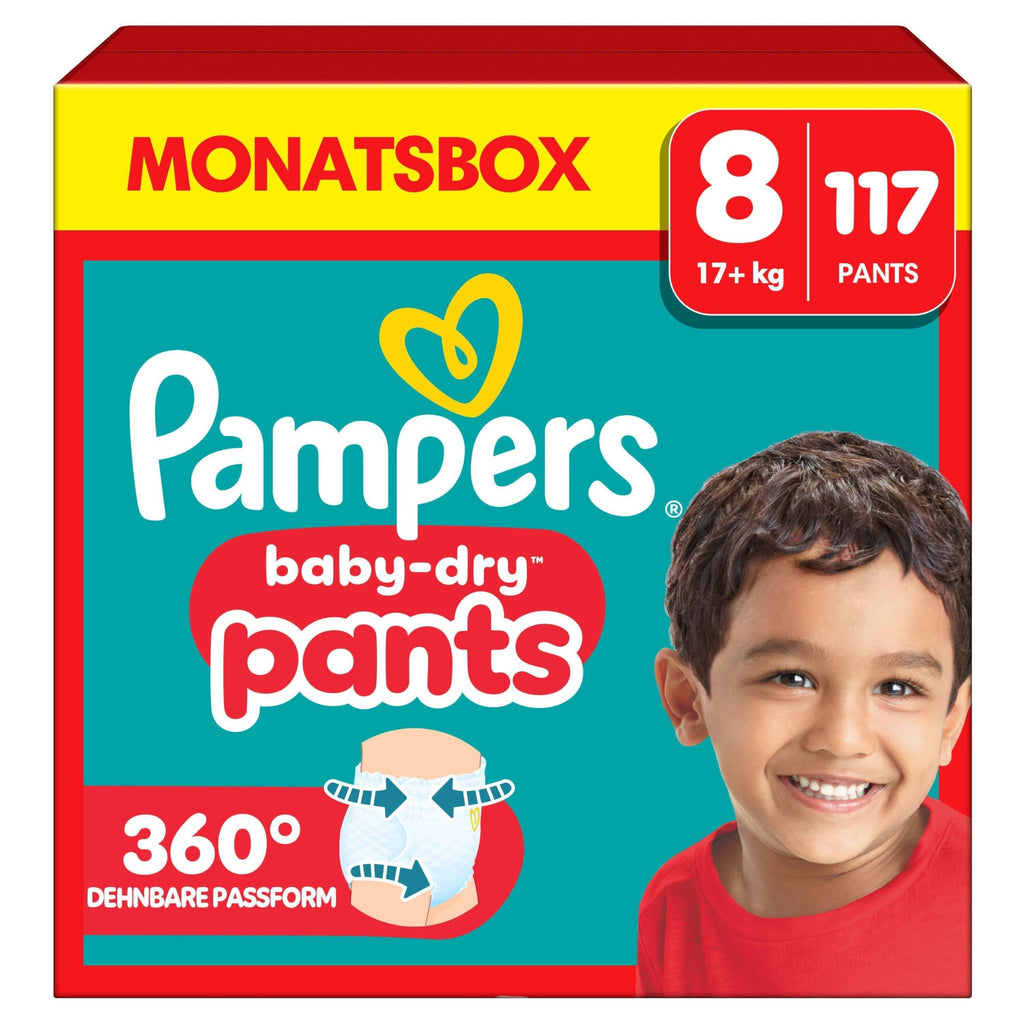 Pampers Baby-Dry Pants Größe 8, 117 Windeln, 17kg+, 360° Passform hilft, Auslaufen zu verhindern