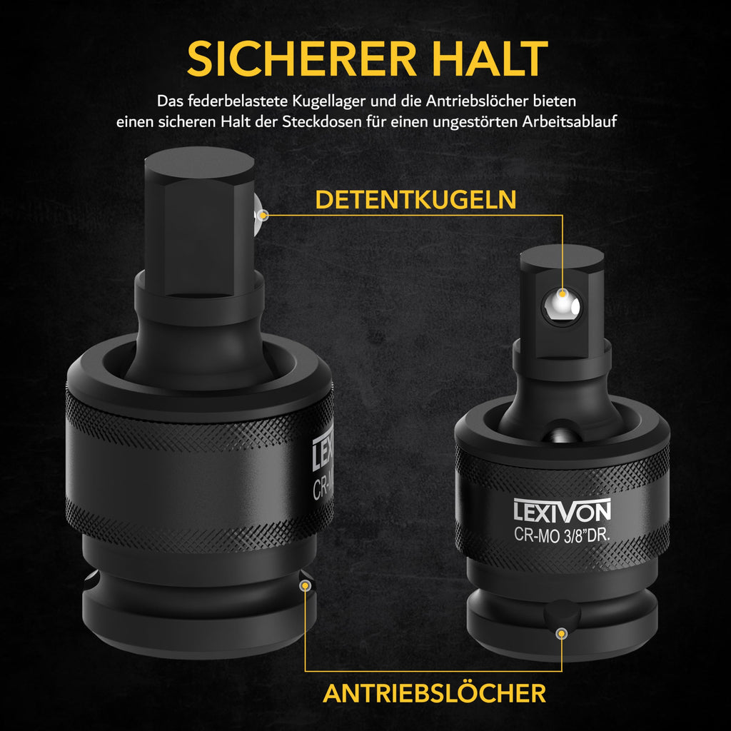 LEXIVON Schlagschrauber Kreuzgelenk-Gelenksatz | Premium 3 teilige Kugelfeder, Ausführung 1/2", 3/8" und 1/4" U-Kugelkopf passend für Drehmomentschlüssel, bohrer, steckschlüssel, ratsche (LX-113)