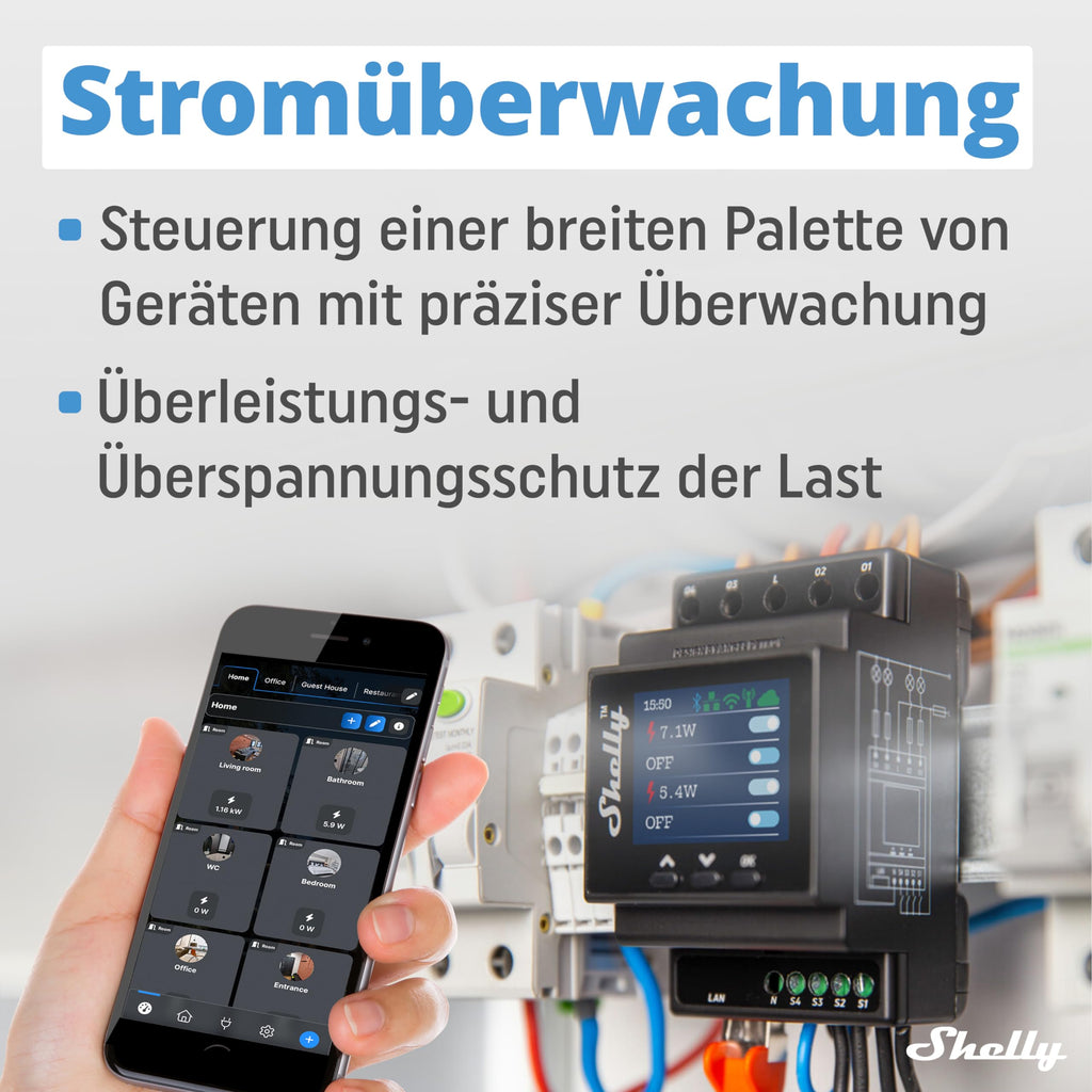 Shelly Pro 4PM | WLAN & LAN 4-Kanal-Relais Schalter mit Leistingsmessung - 40A | DIN-Schiene | Alexa & Google Home | iOS Android App | Fernsteuerung | Hausautomation | Kein Hub Erforderlich