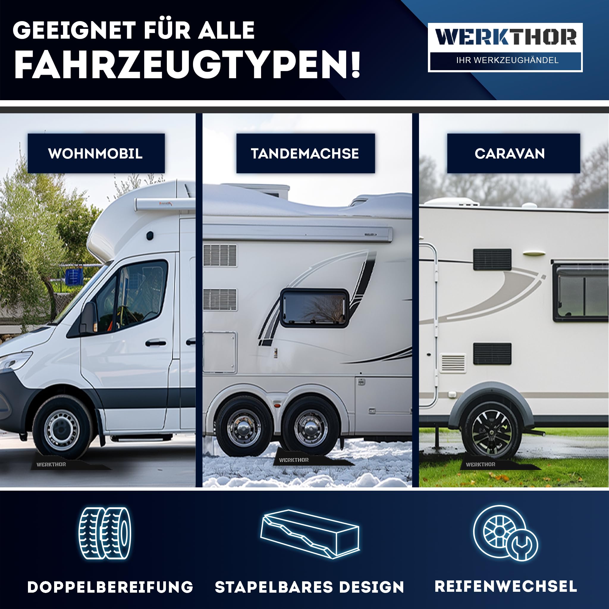 WERKTHOR Auffahrkeile für Wohnmobil - [2er Set] Hochbelastbare Auffahrkeile für maximalen Halt [<5t] - Auffahrkeile für Wohnwagen Wohnmobil & Anhänger - Keile für jeden Untergrund