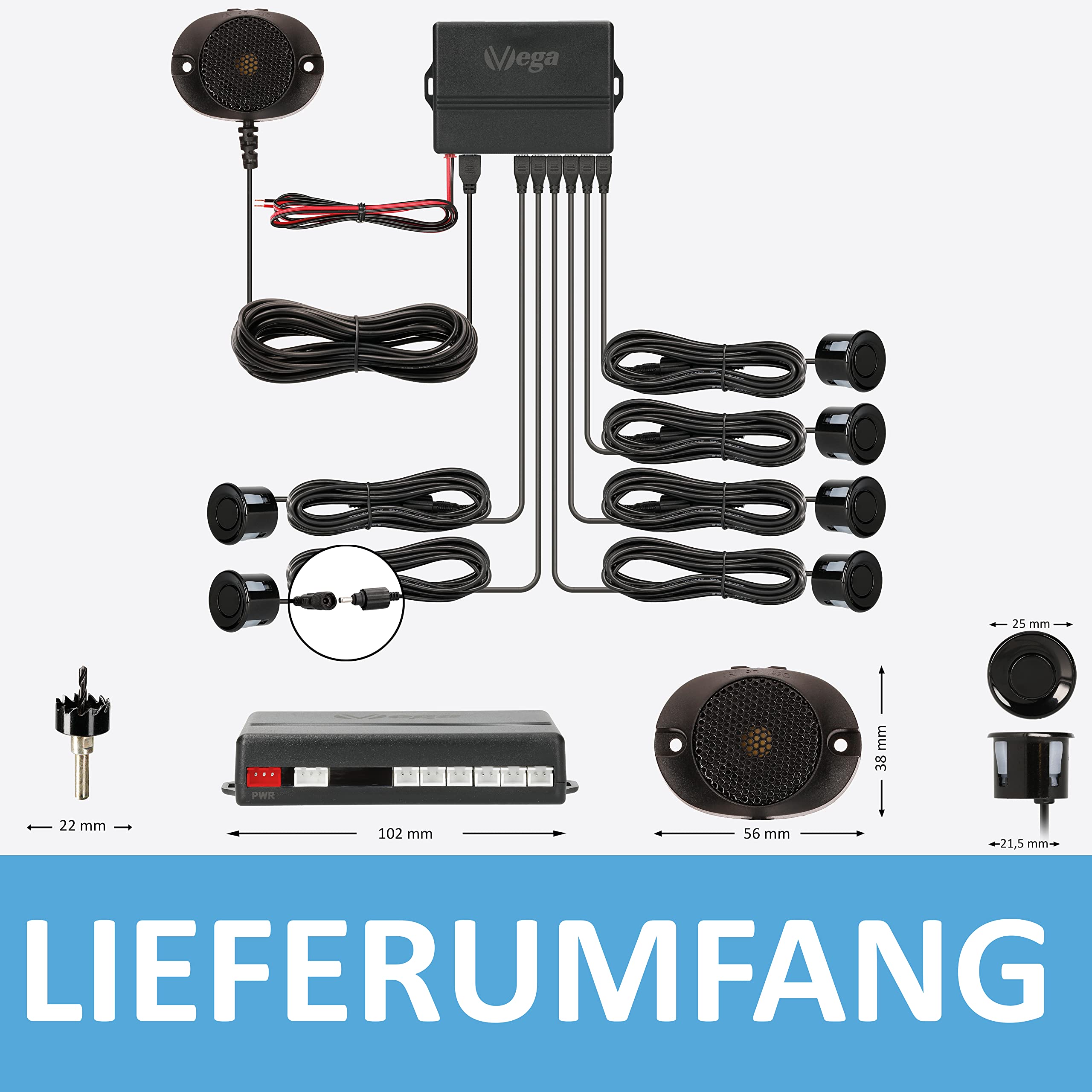 VSG24 Premium Wohnmobil Einparkhilfe zum nachrüsten, PDC Parksensoren hinten mit Stecksystem für einfachste Montage, Lautsprecher akustisch - 6 Rückfahrwarner Sensoren Parkhilfe Nachrüstsatz Schwarz