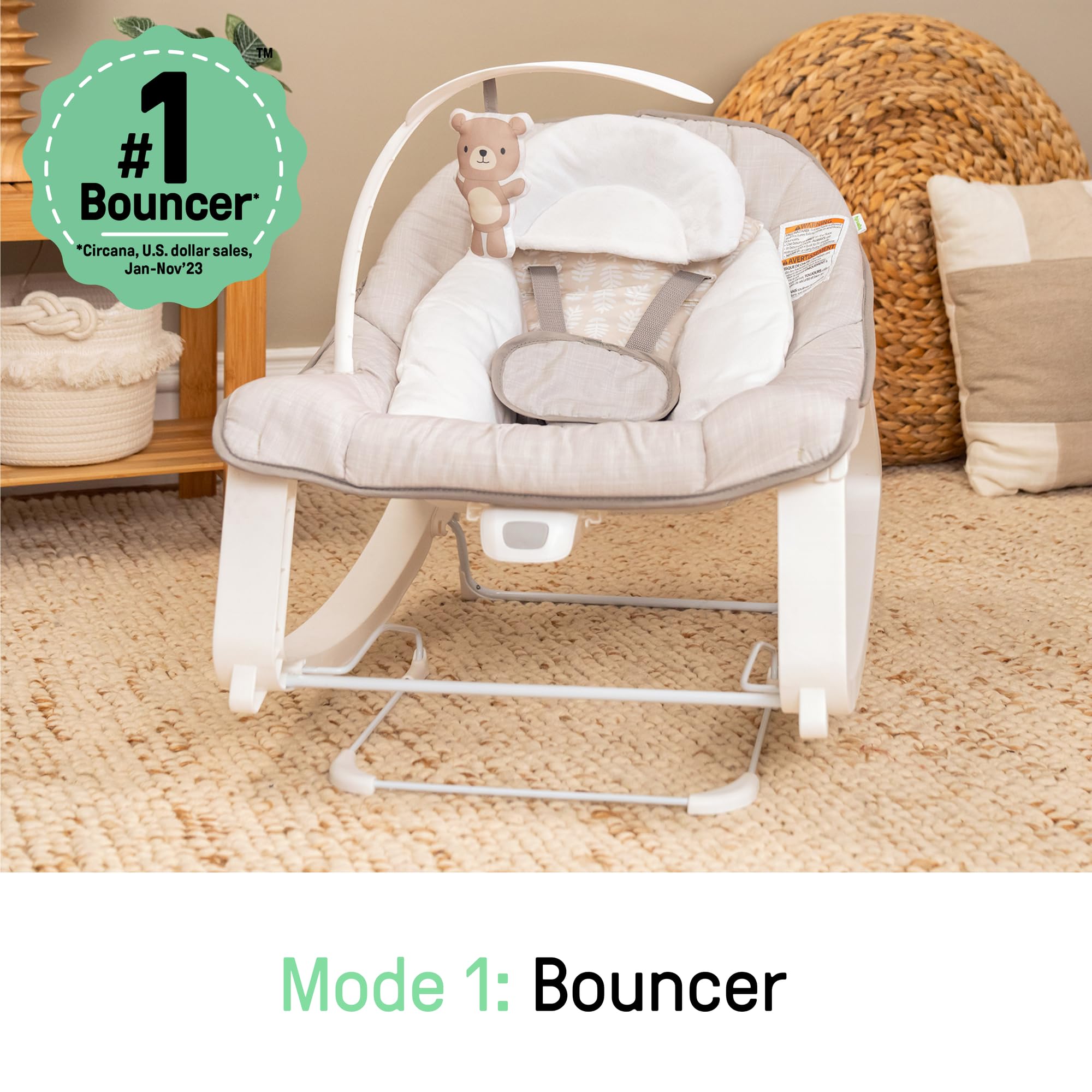 Ingenuity Keep Cozy 3-in-1 Baby Wippe, Sitz und Schaukel für Babys bis Kleinkinder, mit Vibrationen und Spielzeugstange, 0-30 Monate, Bär Linden