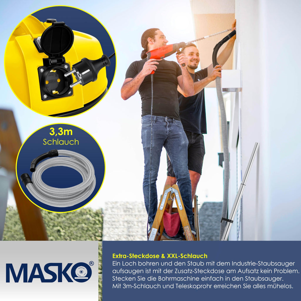 MASKO® 6IN1 Industriestaubsauger Staubsauger Nass Trocken Sauge Aschesauger 2300W + Steckdose✓ Blasfunktion ✓ Trocken-Saugen & Nass-Saugen | Industrie-Sauger mit & ohne Beutel | beutellos, Gelb