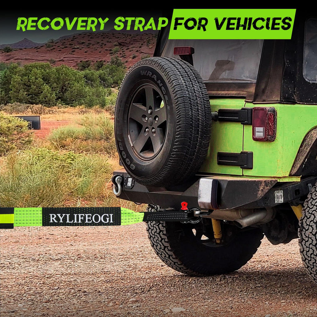 RYLIFEOGI Abschleppseil 10 Tonnen (22,000Lbs), 5mx5cm Heavy Duty Tow Strap mit 2 Verstärkten Haken 2 Handschuhen für Off-Road Fahrzeuge (Grün)