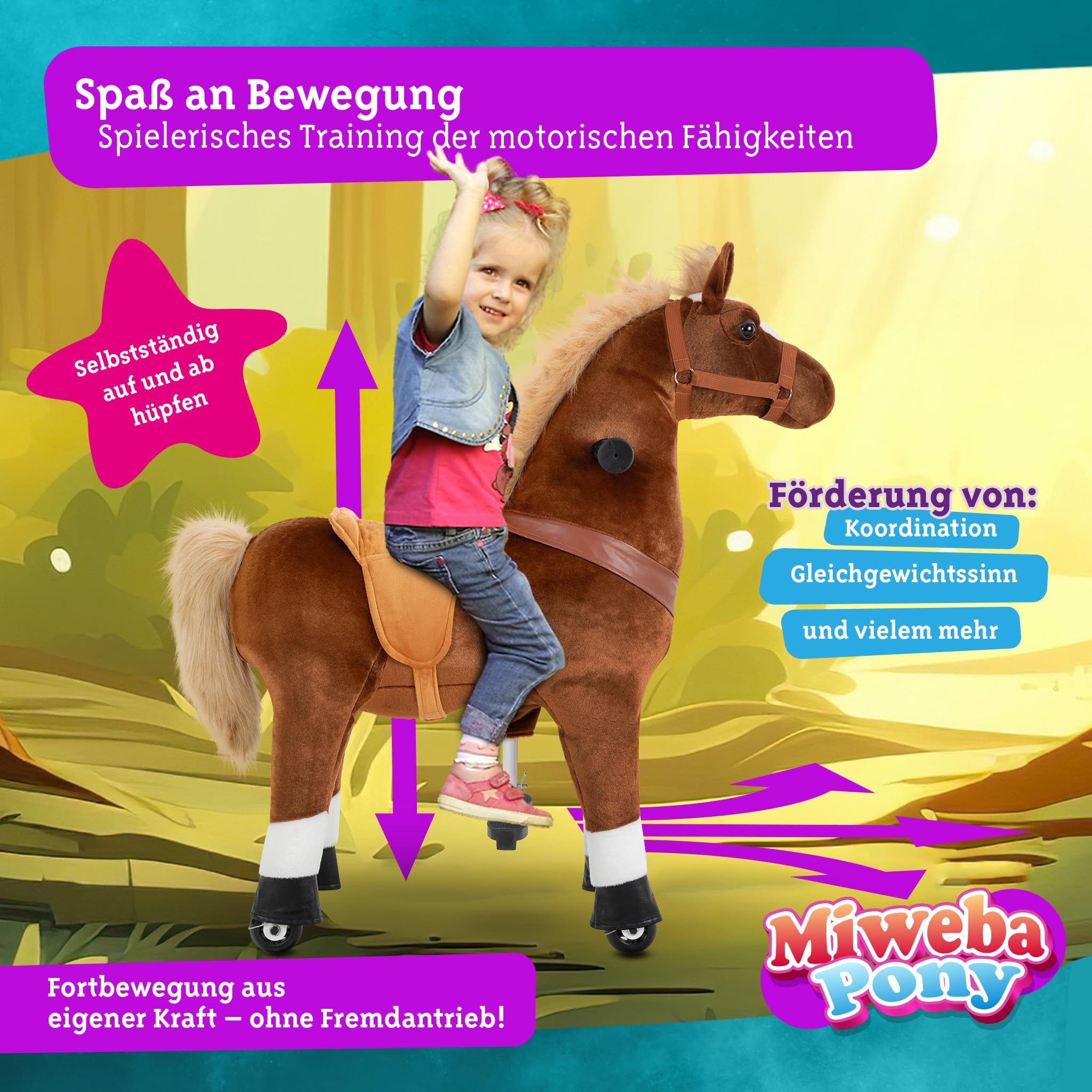Miweba Pony Amadeus | Reitpferd auf Rollen - Pferd für Kinder - Schaukelpferd - Schaukeltier - Kuscheltier - Spielpferd zum Reiten - Plüschtier - Stofftier - Stehpferd - 4-8 Jahre (M Medium)