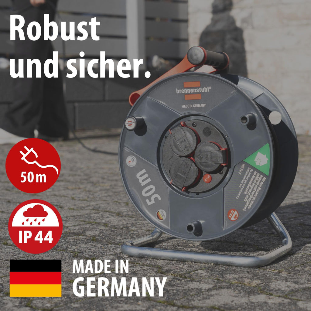 Brennenstuhl Garant V2 IP44 Kabeltrommel 50m outdoor (Made in Germany, 3 Schutzkontakt-Steckdosen, Spezialkunststoff)