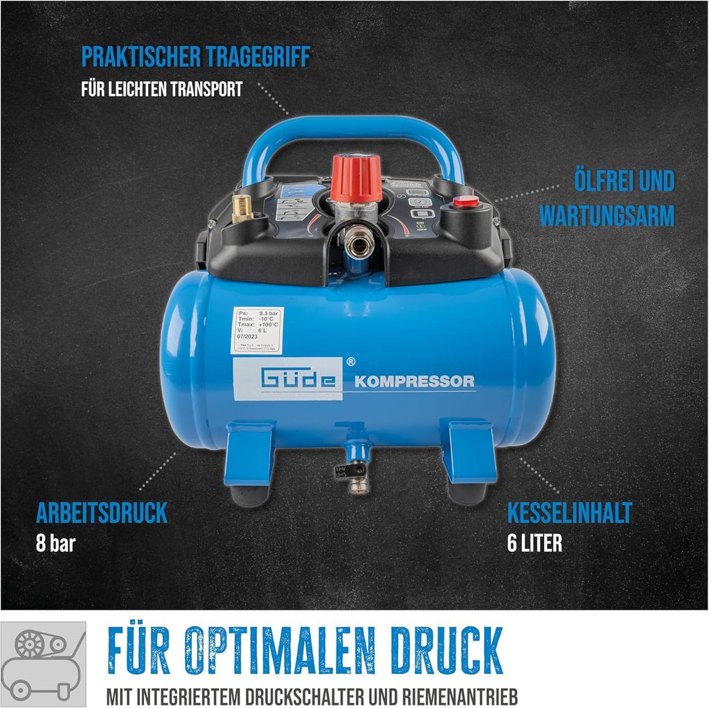 Güde Kompressor Airpower 190/08/6 (ölfrei, max. Druck 8 bar, Kessel 6 l, 1100 W, eff. Liefermenge 145 l/min, Druckminderer/Manometer/Kondensatablassschraube, inkl. 6-tlg. Zubehör, Testnote SEHR GUT)