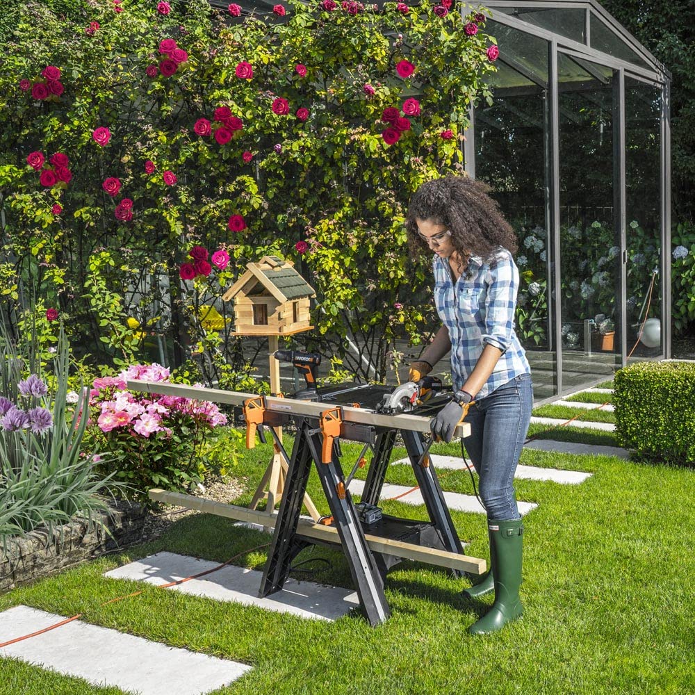 WORX PEGASUS WX051 mobile multifunktionale Werkbank - hochwertiger Arbeitstisch klappbar für die Werkstatt, max. Belastung 450kg – inkl. Schnellklemmvorrichtung – hohe Stabilität & große Arbeitsfläche