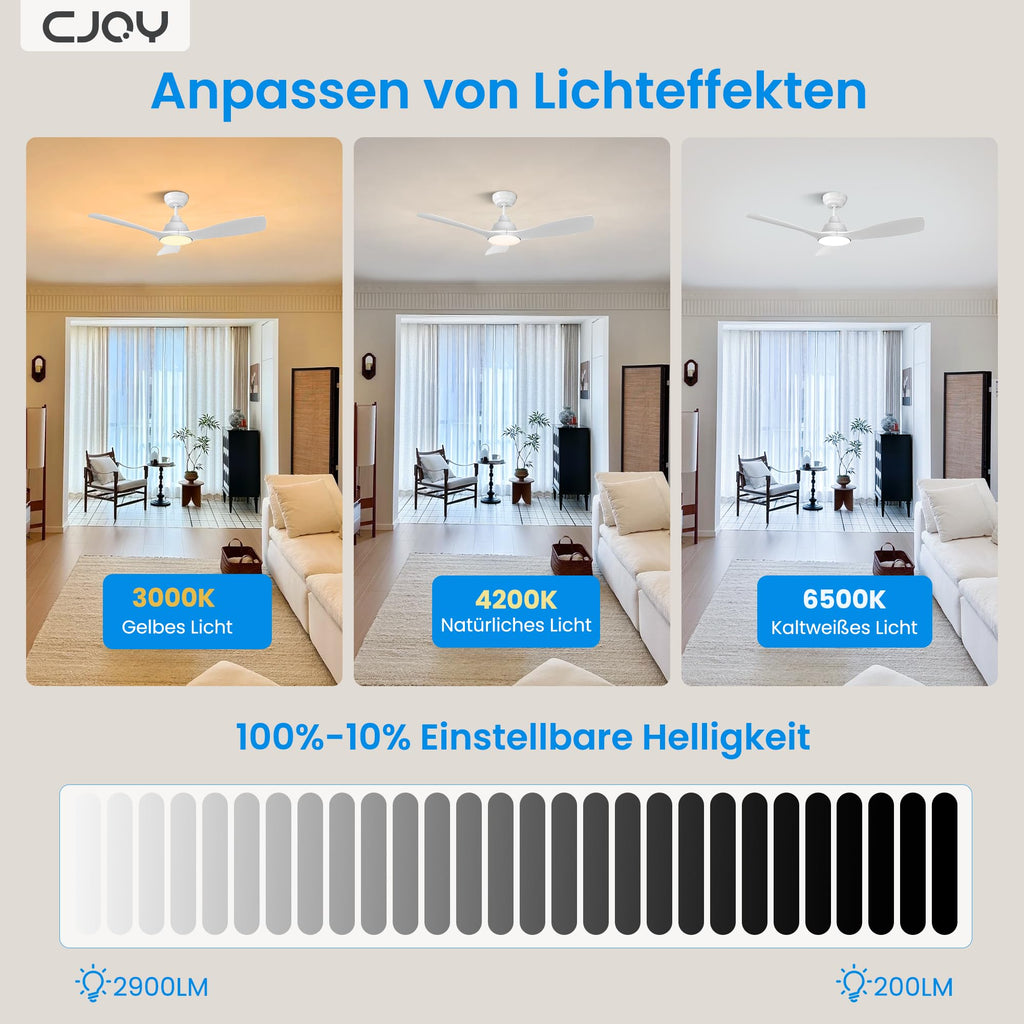 CJOY Deckenventilator mit Beleuchtung, 107 cm Deckenventilator mit Beleuchtung und Fernbedienung Leise, DC Umkehrbar, Speicher 3CCT, Dimmbar, 6 Geschwindigkeiten, Zeitschaltuhr Für Schlafzimmer