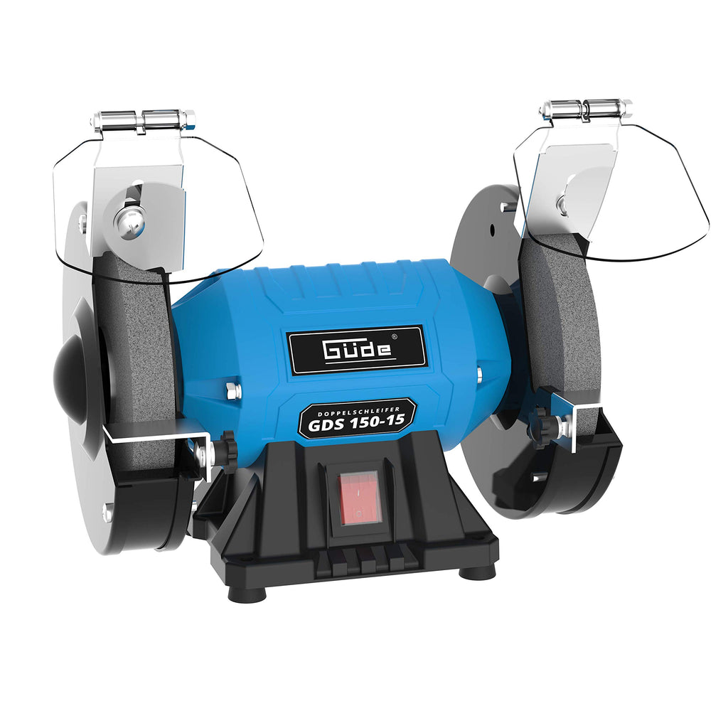 Güde Doppelschleifer GDS 150-15 (250 W, 2980 1/min Motordrehzahl, Grob- & Feinschleifscheibe 36|60 K, 150 mm ø, stabiler Maschinenfuß, kugelgelagerte Schleifachsen, verstellbare Arbeitsauflagen), Blau