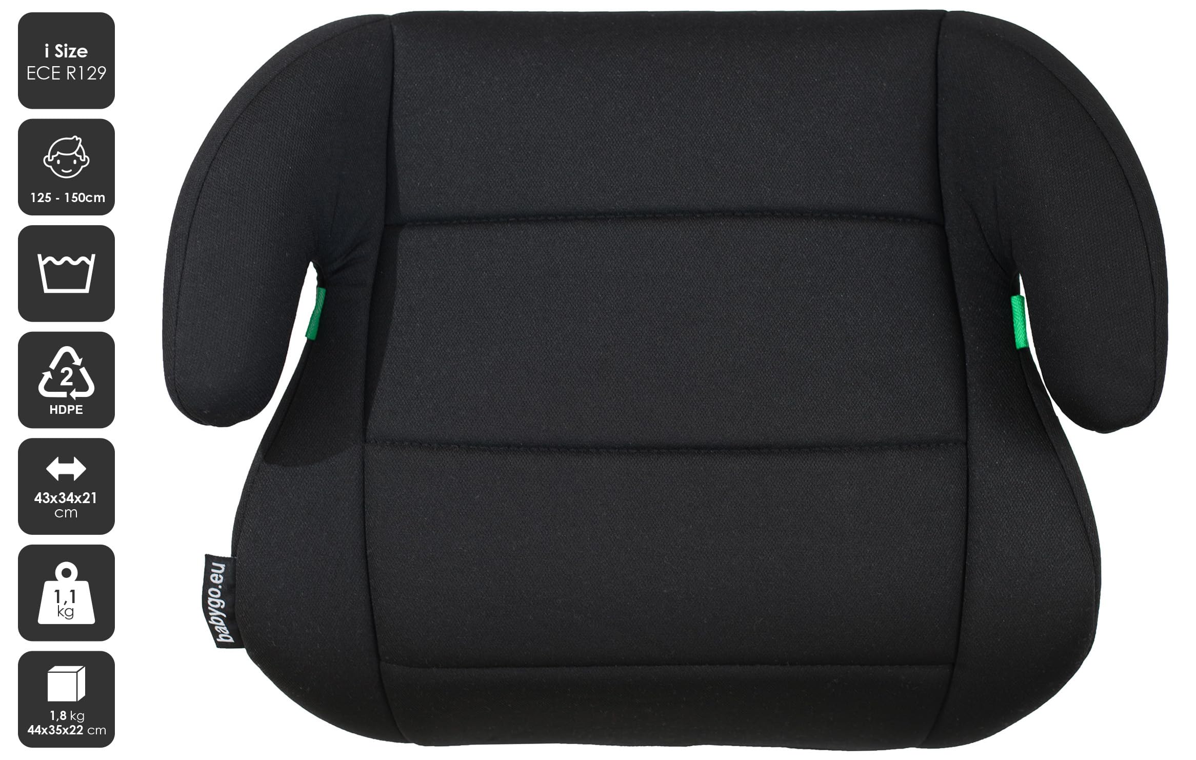 babyGO Sitzerhöhung Booster nach neuer I-Size Norm - Kindersitzerhöhung - Kindersitz/Autositz für Kinder (125-150 cm) Schwarz