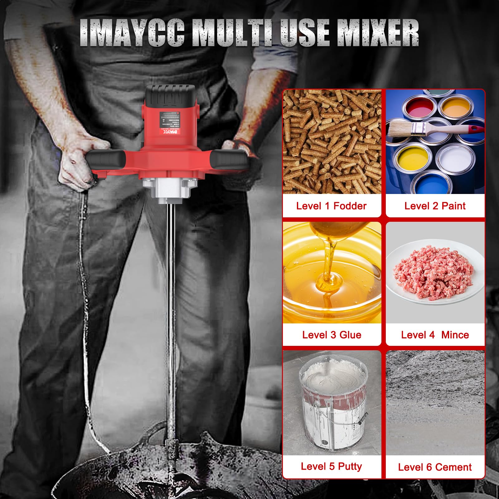 IMAYCC Mörtelrührer, 2100W Betonmischer, Rührwerk Beton with 6 Speed, Quirl Mörtelrührer m14, Rührgerät Mörtel, Betonrührer, Rührwerke, Ideal for Mixing Feed, Plaster, Paint, Cement, Mortar etc.