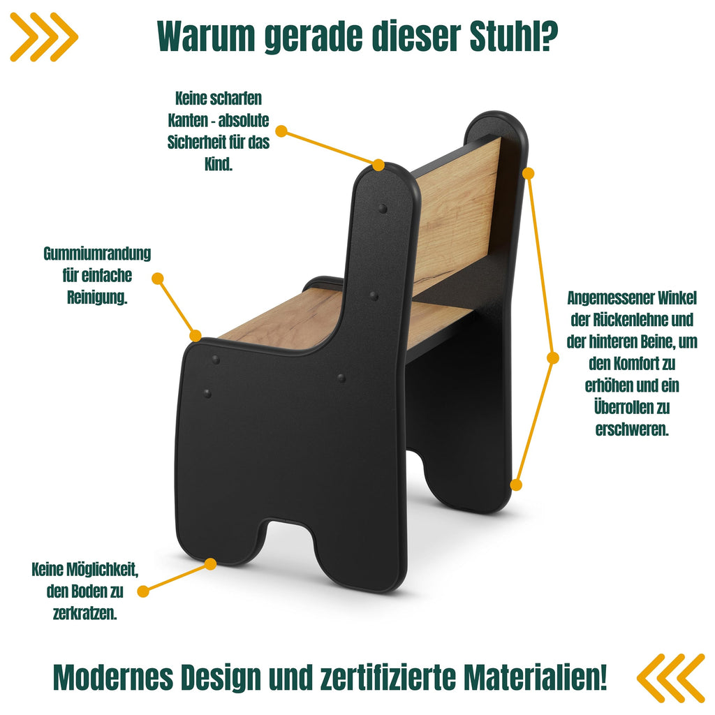 defiPad Kindertisch mit 2 Stühlen - Stabil & Langlebig - Kinder Tisch Stuhl Set - Made in EU - Kindersitzgruppe Indoor - Maltisch für Kinder - Sitzgruppe für Kinderzimmer - Schwarz & Eiche