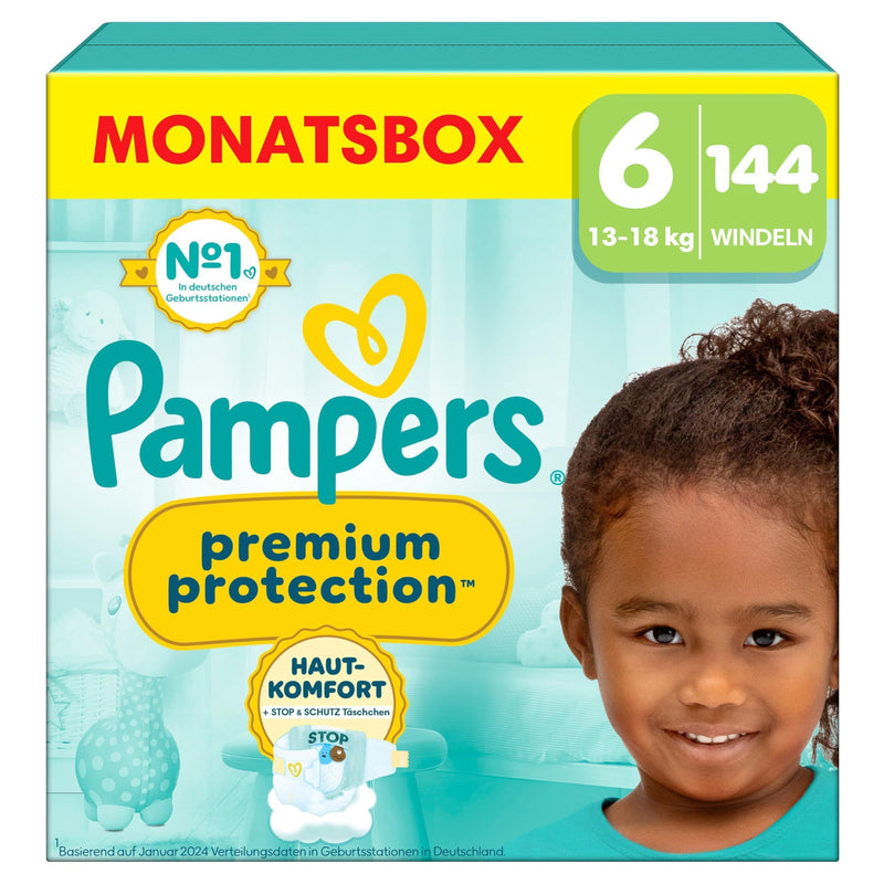Pampers Premium Protection Größe 6, 144 Windeln, 13kg-18kg, Doppelter Schutz für die Haut und vor Auslaufen