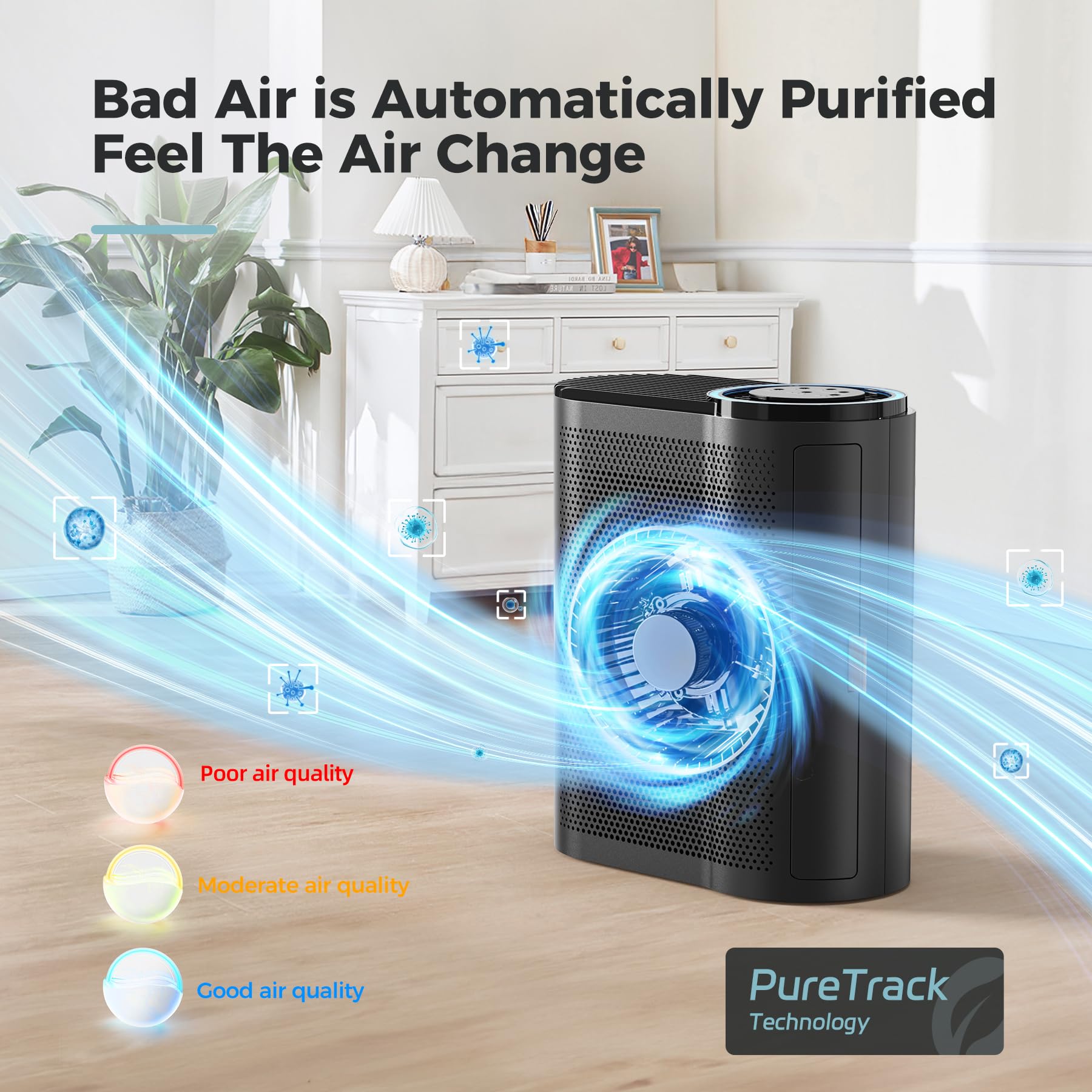 AROEVE Luftreiniger für große Räume bis zu 1095 m² Abdeckung mit Luftqualitätssensoren H13 True HEPA-Filter mit Auto-Funktion, entfernt 99,97% des Staubs, Tierschuppen, Pollen, schwarz