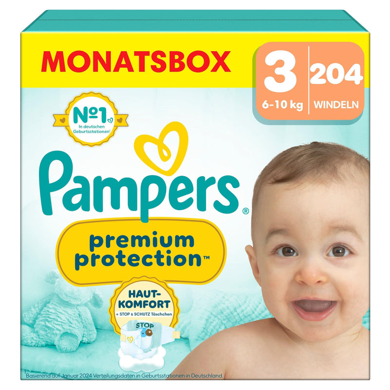 Pampers Premium Protection Größe 3, 204 Windeln, 6kg-10kg, Doppelter Schutz für die Haut und vor Auslaufen