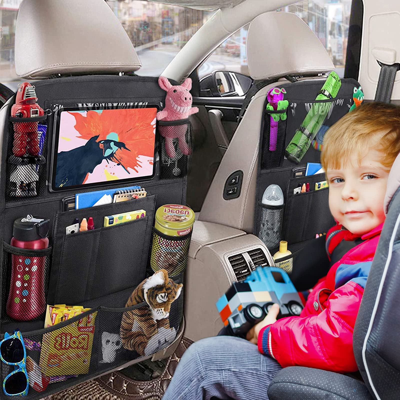 BillyBath 1 Stück Rückenlehnenschutz Auto Kinder mit 10 Zoll iPad/Tablet-Tasche, 600D Oxford Stoff Wasserdicht Autositz Rücksitz Organizer Autositzschoner Rückenlehne, Schwarz