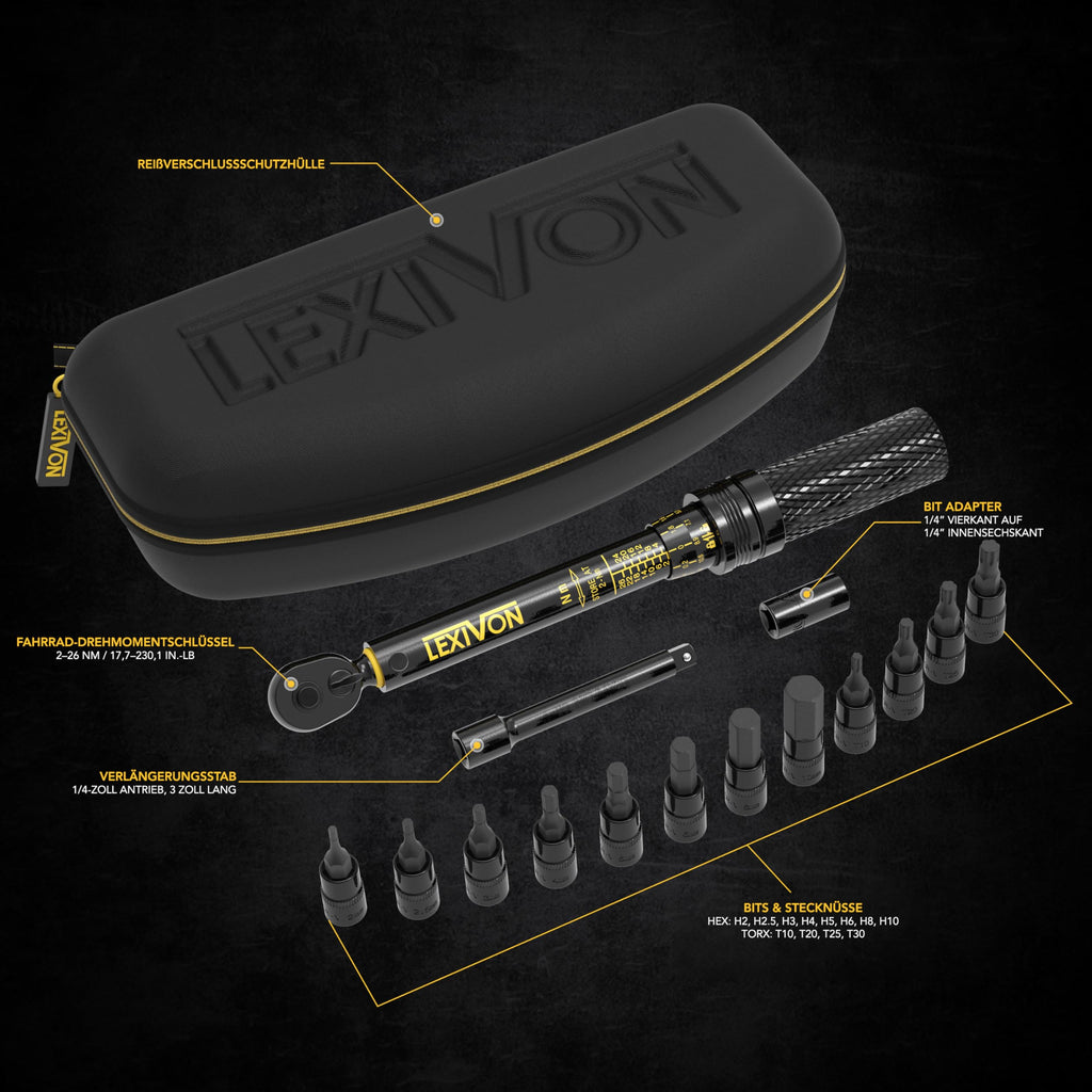 Drehmomentschlüssel Fahrrad & Motorrad, 1/4 Zoll, inklusive 15 teiliges Set Innensechskant Hex und Torx Bits, Messbereich 2-26 Nm mit Verlängerungsstange, torque wrench set Für Rennrad und mehr