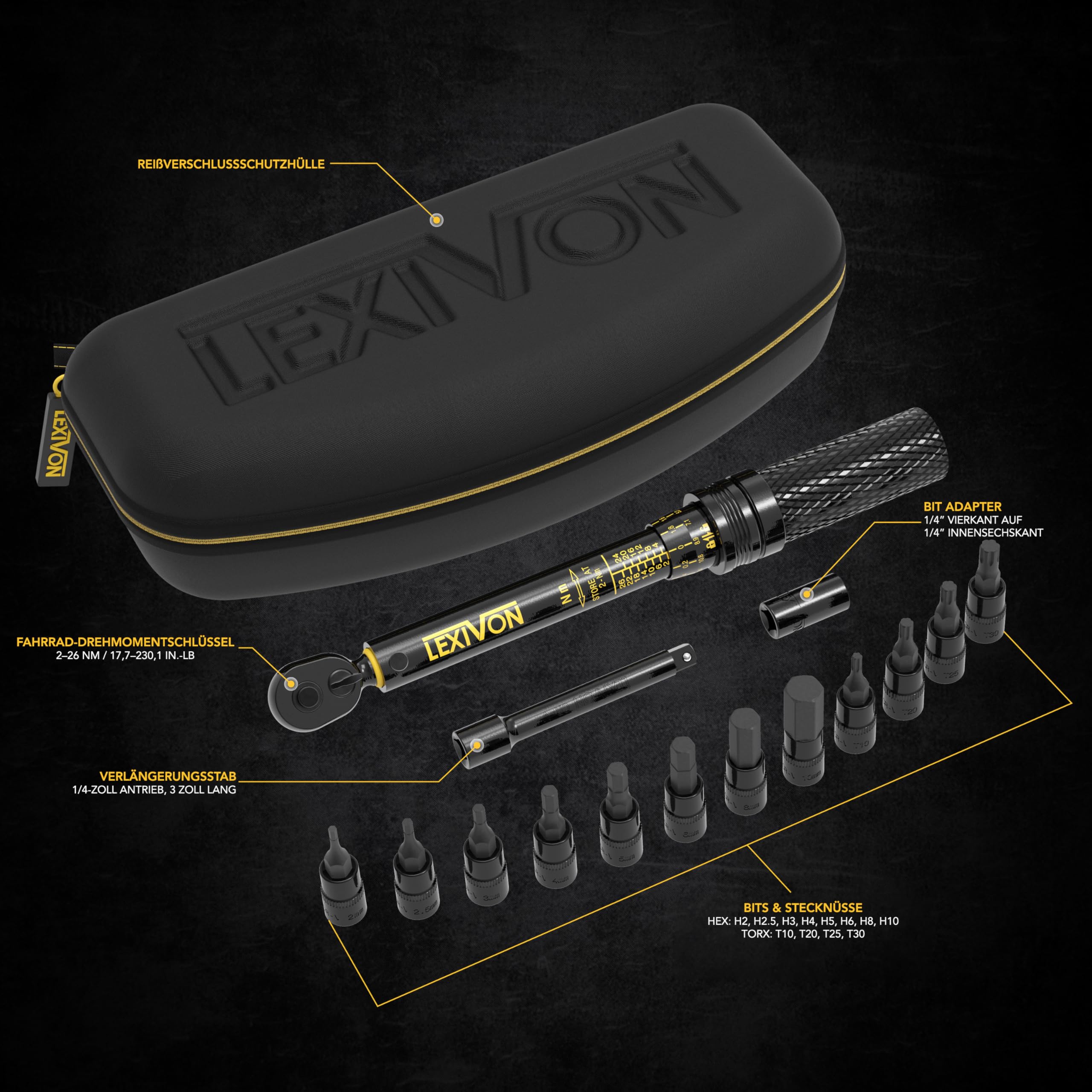 Drehmomentschlüssel Fahrrad & Motorrad, 1/4 Zoll, inklusive 15 teiliges Set Innensechskant Hex und Torx Bits, Messbereich 2-26 Nm mit Verlängerungsstange, torque wrench set Für Rennrad und mehr
