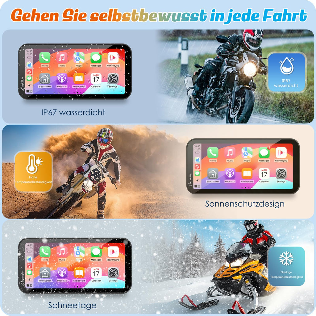 Carpuride W603 Motorrad-Carplay-Bildschirm, Kabelloses CarPlay und Android Auto für Moto, Fernbedienung, 6,3-Zoll-wasserdichter Touchscreen, BT Audio, GPS-Navigation, Siri, G00gle-Assistent
