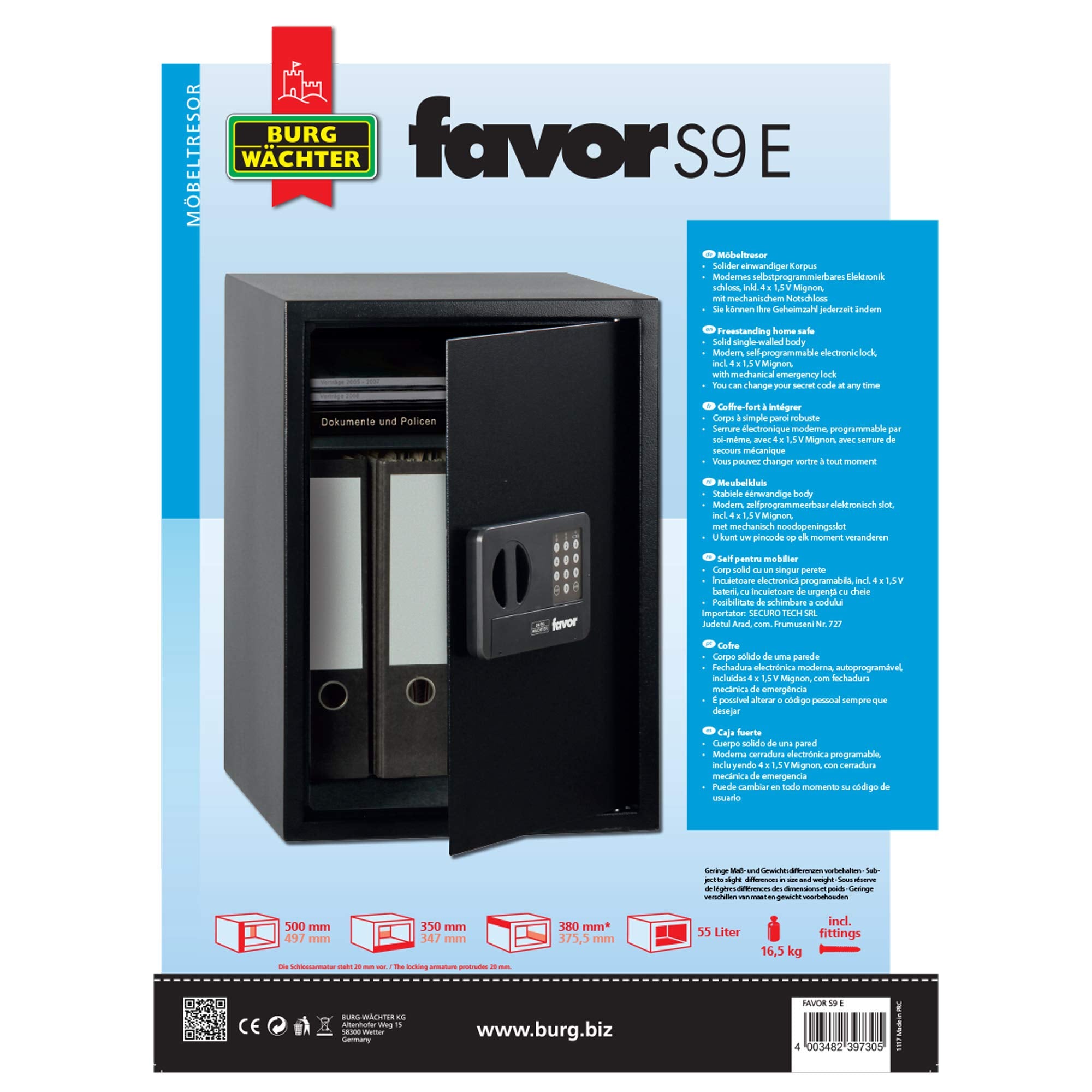 Burg-Wächter Möbeltresor mit Elektronikschloss, inkl. Fachboden, Favor, 55,0 l, 16,5 kg, S9 E, schwarz