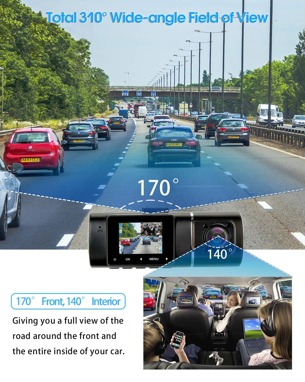 abask J05 Dashcam Auto 1080P Dash Cam Vorne Innen mit 32GB SD-Karte, 310° Weitwinkelansicht, Autokamera mit Parküberwachung, Bewegungserkennung, Infrarot Nachtsicht, G-Sensor, Loop-Aufnahm, HDR, Akku