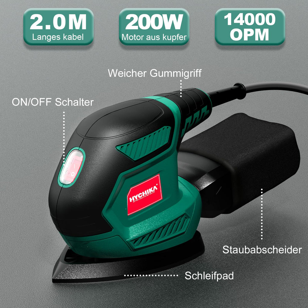 HYCHIKA Multischleifer, Deltaschleifer 200W, mit 12 Schleifblätter (Körnung 80/120/240), 14000 U/min, Klettfix-System, Staubsaugbeutel, Schleifmaschine für Ecke & Kante, Metal & Holz