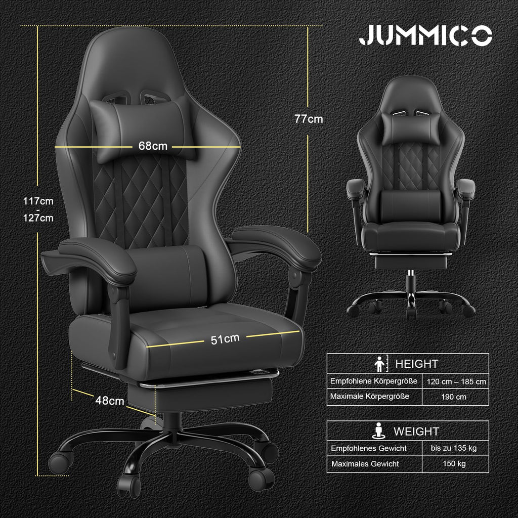 JUMMICO Gaming Stuhl, Schreibtischstuhl mit Massagefunktion,Bürostuhl Ergonomisch mit Fußstütze,150 kg, Schwarz