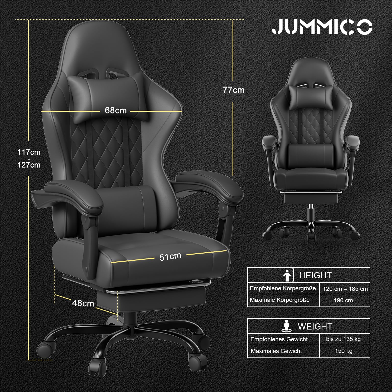 JUMMICO Gaming Stuhl, Schreibtischstuhl mit Massagefunktion,Bürostuhl Ergonomisch mit Fußstütze,150 kg, Schwarz