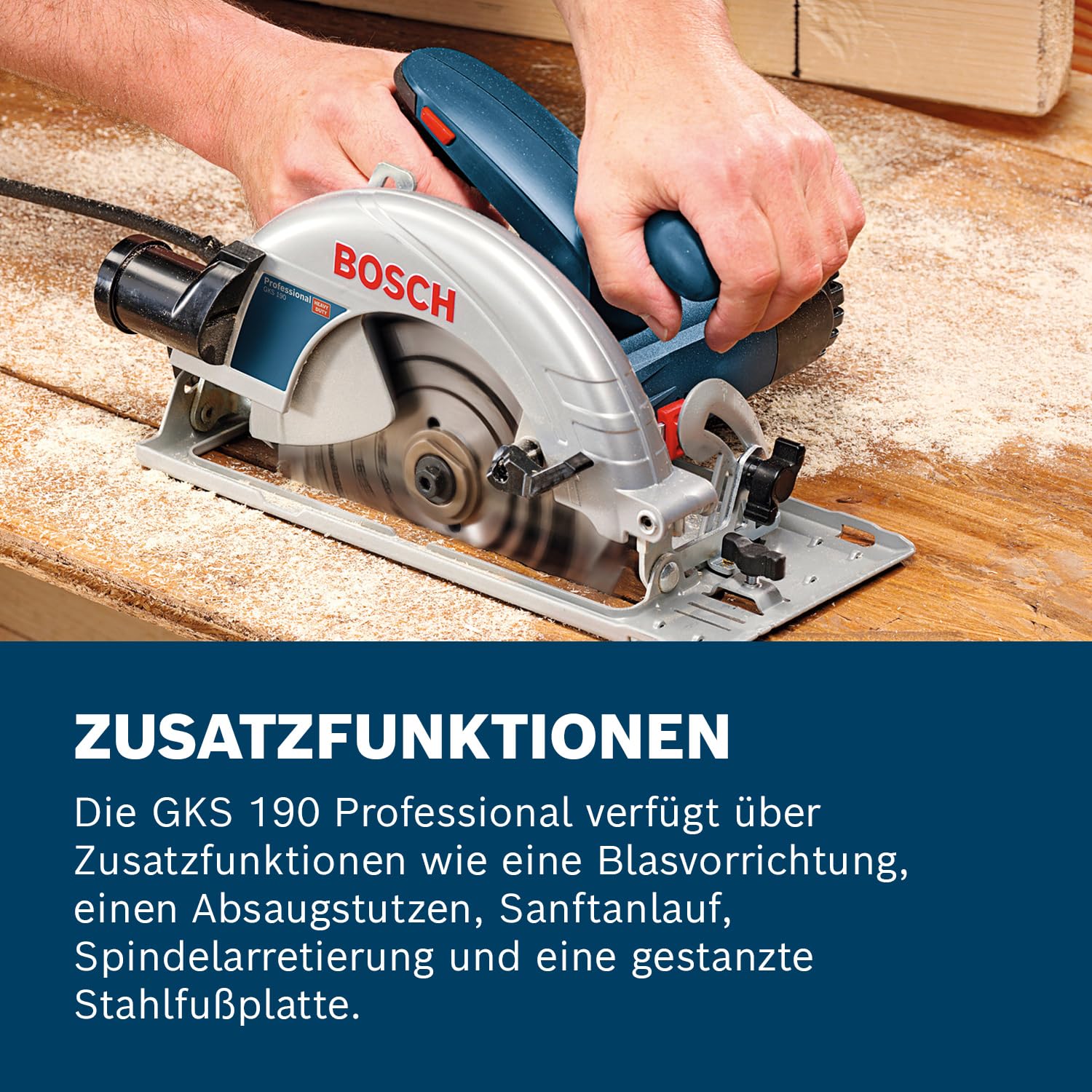 Bosch Professional Kreissäge GKS 190 (Leistung 1400 Watt, Kreissägeblatt: 190 mm, Schnitttiefe: 70mm inkl. HM-Kreissägeblatt, Absaugadapter, Parallelanschlag, Sechskantstiftschlüssel)