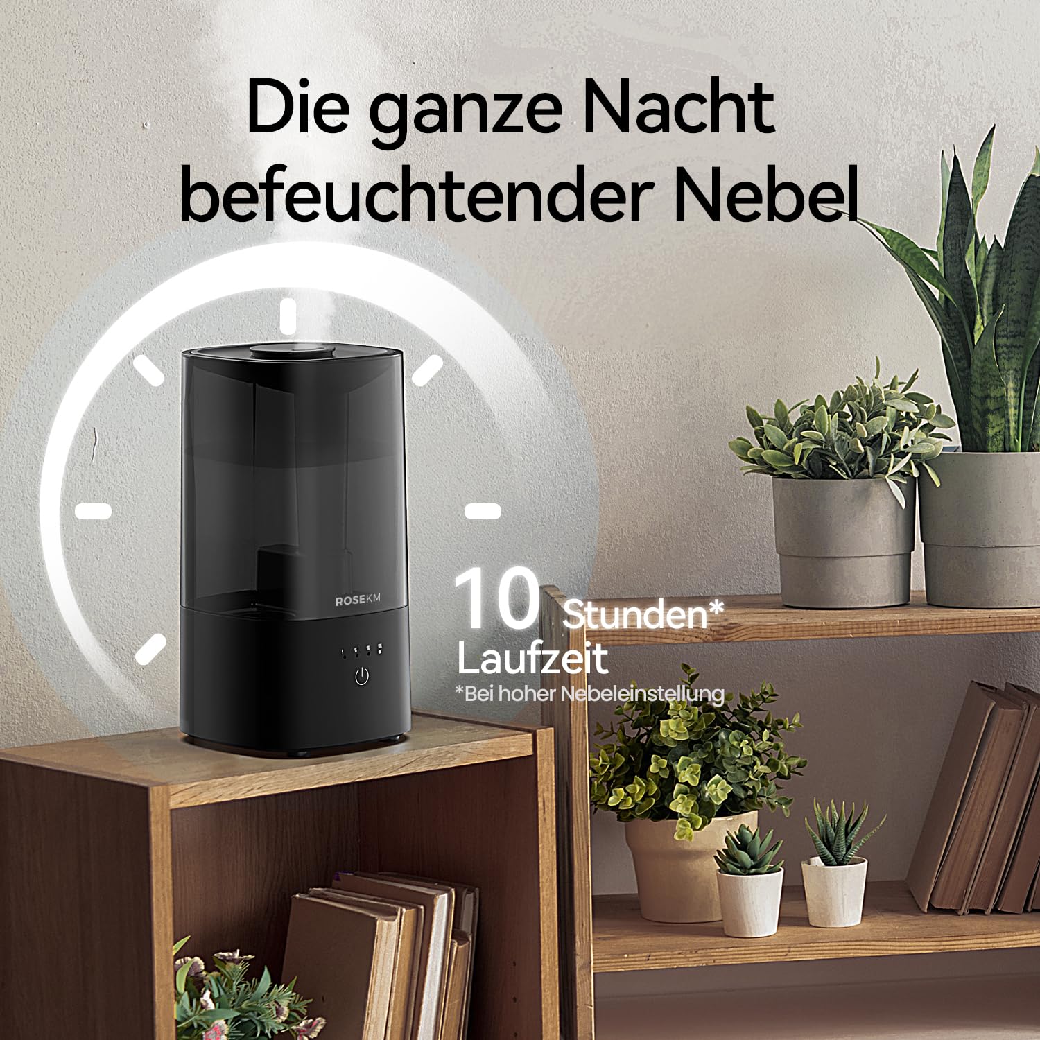 Roeskm Luftbefeuchter für Schlafzimmer, Kühlmist-Luftbefeuchter für zuhause, Pflanzen und Babyzimmer, leiser ultraschallbasiert mit 360°-Düse, automatischer Abschaltung, ohne Filter, schwarz