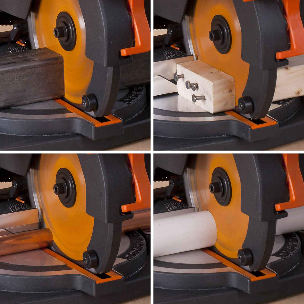 Evolution Gehrungssäge R210CMS | 1200 W Gehrungssäge | Inkl. Ø 210 mm HM-Sägeblatt Multi-Material-Schneiden Holz, Aluminium, Stahl, Kunststoff | 0°- 45° Fase und 45°- 45° Gehrungswinkel | Kappsäge