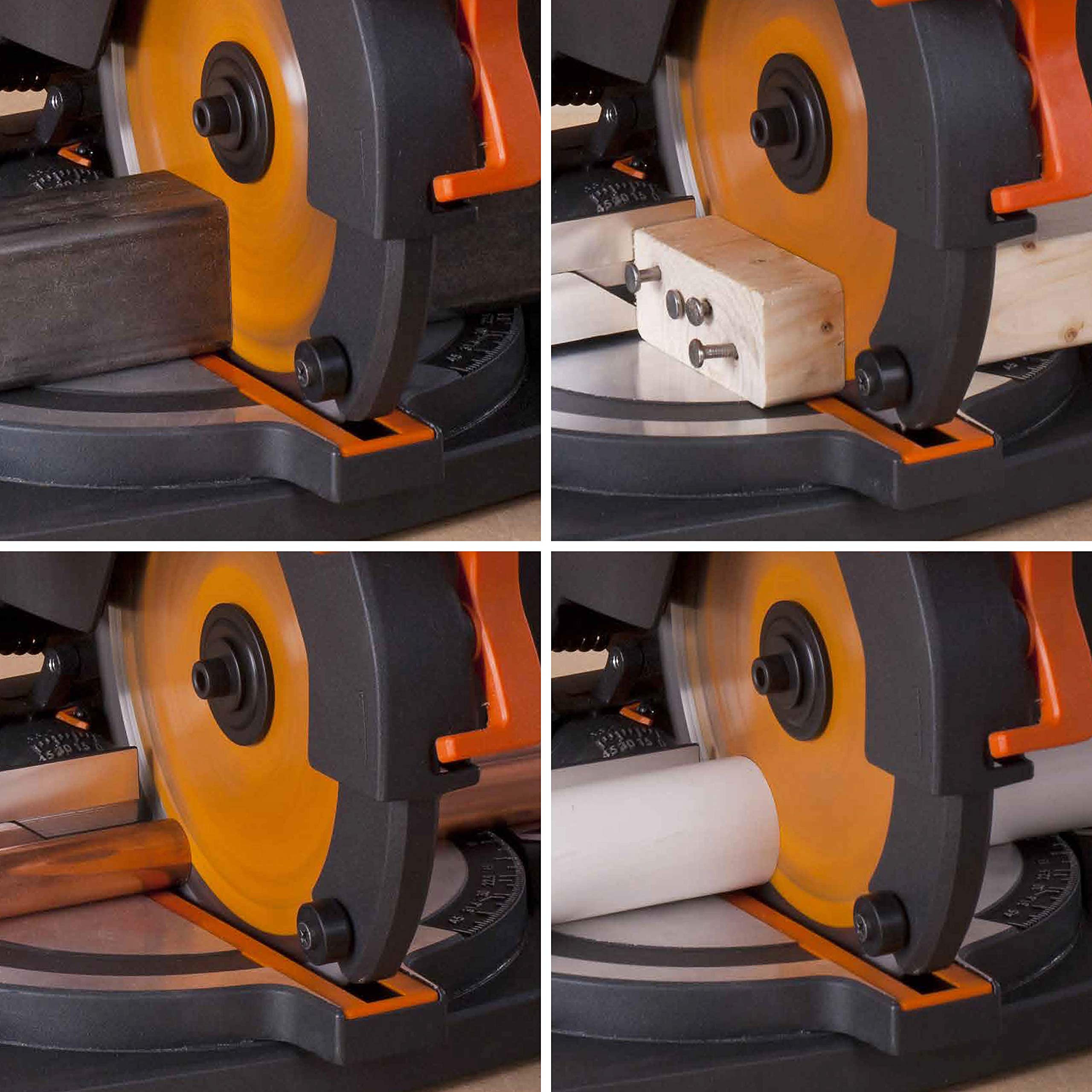 Evolution Gehrungssäge R210CMS | 1200 W Gehrungssäge | Inkl. Ø 210 mm HM-Sägeblatt Multi-Material-Schneiden Holz, Aluminium, Stahl, Kunststoff | 0°- 45° Fase und 45°- 45° Gehrungswinkel | Kappsäge