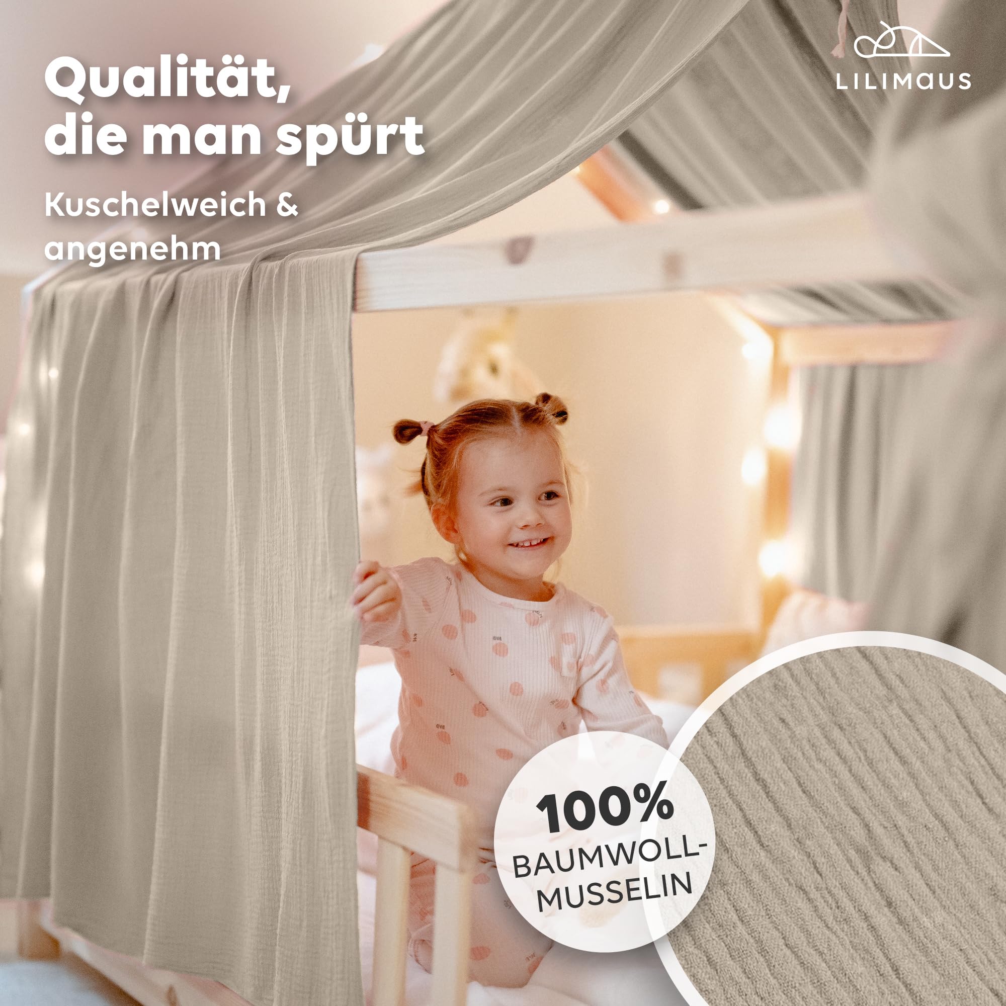 lilimaus Hausbett Himmel [in 12 Farben] Betthimmel Hausbett aus 100% Baumwolle Musselin - Stoffhimmel für Hausbett Deko Mädchen & Jungen - Himmel für Hausbett Kinder - Bett Vorhang Kinderbett