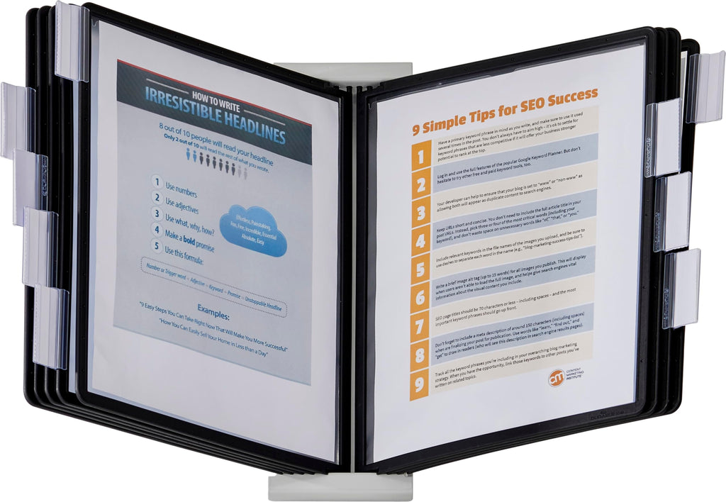 Durable Instaview20 Pocket Erweiterbares Desktop-Referenzsystem, Briefgröße, 10 doppelseitige Paneele, schwarze Ränder