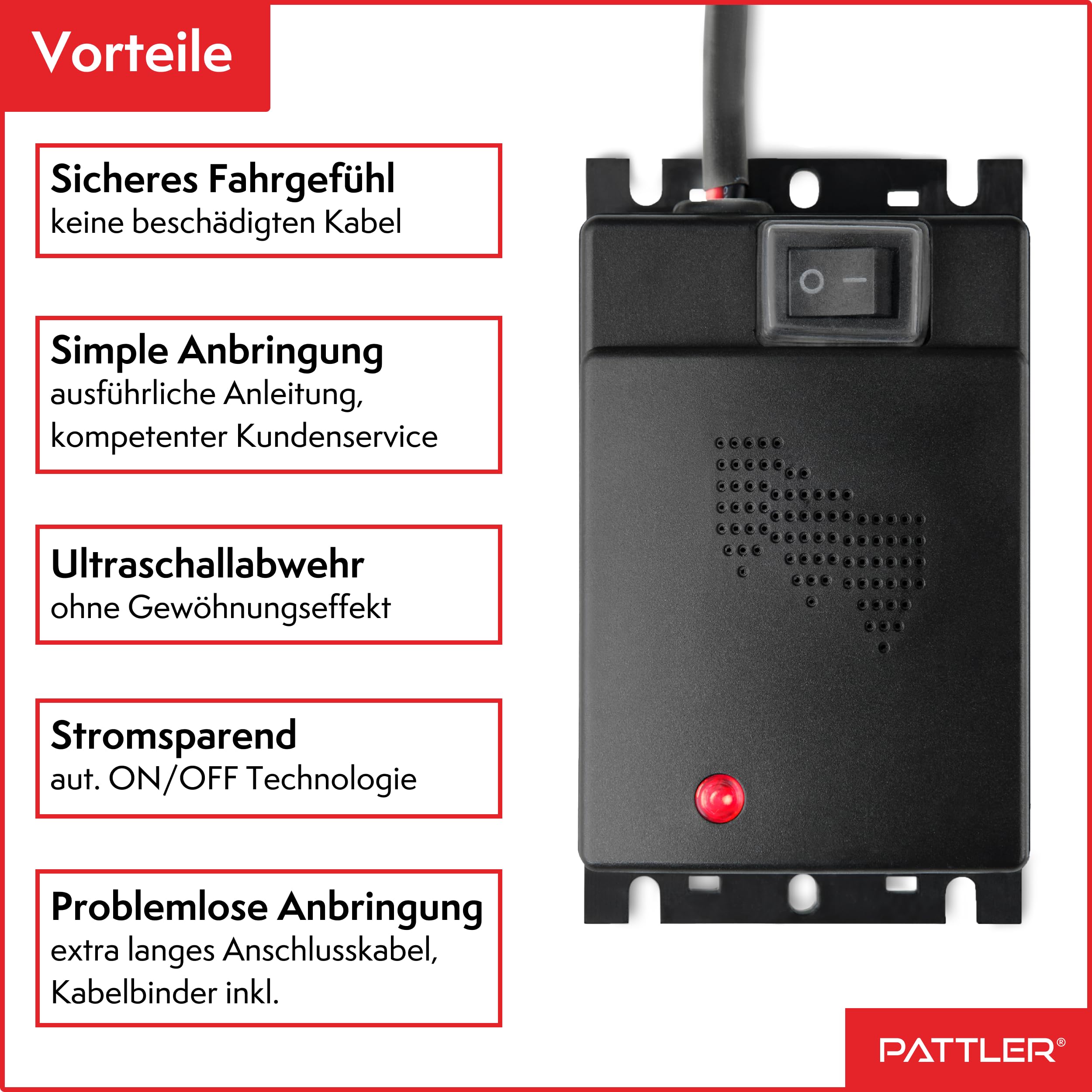 PATTLER® Marderschreck Auto - Marderabwehr mit Ultraschall. Anschluss an 12V Autobatterie. Sofortiger & Langfristiger Marderschutz im Motorraum