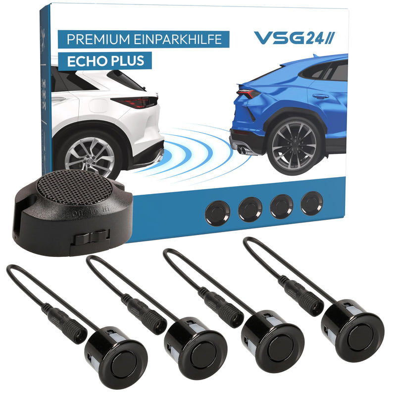 VSG24 Premium Einparkhilfe hinten zum nachrüsten am Auto, PDC Parksensoren hinten mit Stecksystem für einfachste Montage Rückfahrwarner mit Lautsprecher & 4 Sensoren Parkhilfe Nachrüstsatz Schwarz