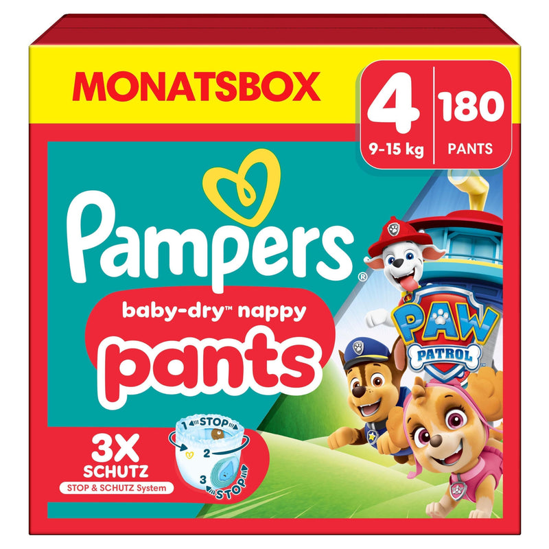 Pampers Baby-Dry Pants Paw Patrol Edition Größe 4, 180 Windeln, 9kg-15kg, 360° Passform hilft, Auslaufen zu verhindern