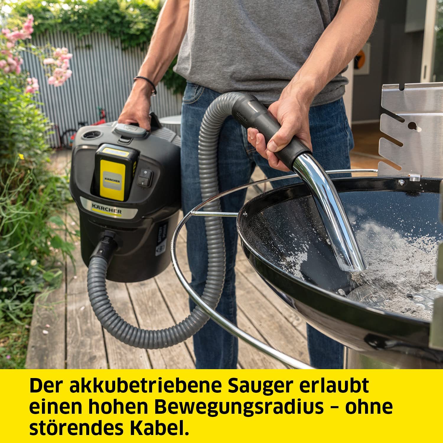 Kärcher 18 V Akku-Asche-Trockensauger AD 2 Akku ideal für die Reinigung von Kamin- Pelletöfen, flammhemmendes Material, 1-teiliger Filter, Saugschlauch, Behältergröße: 14 l, Leistung: 230 W, Schwarz