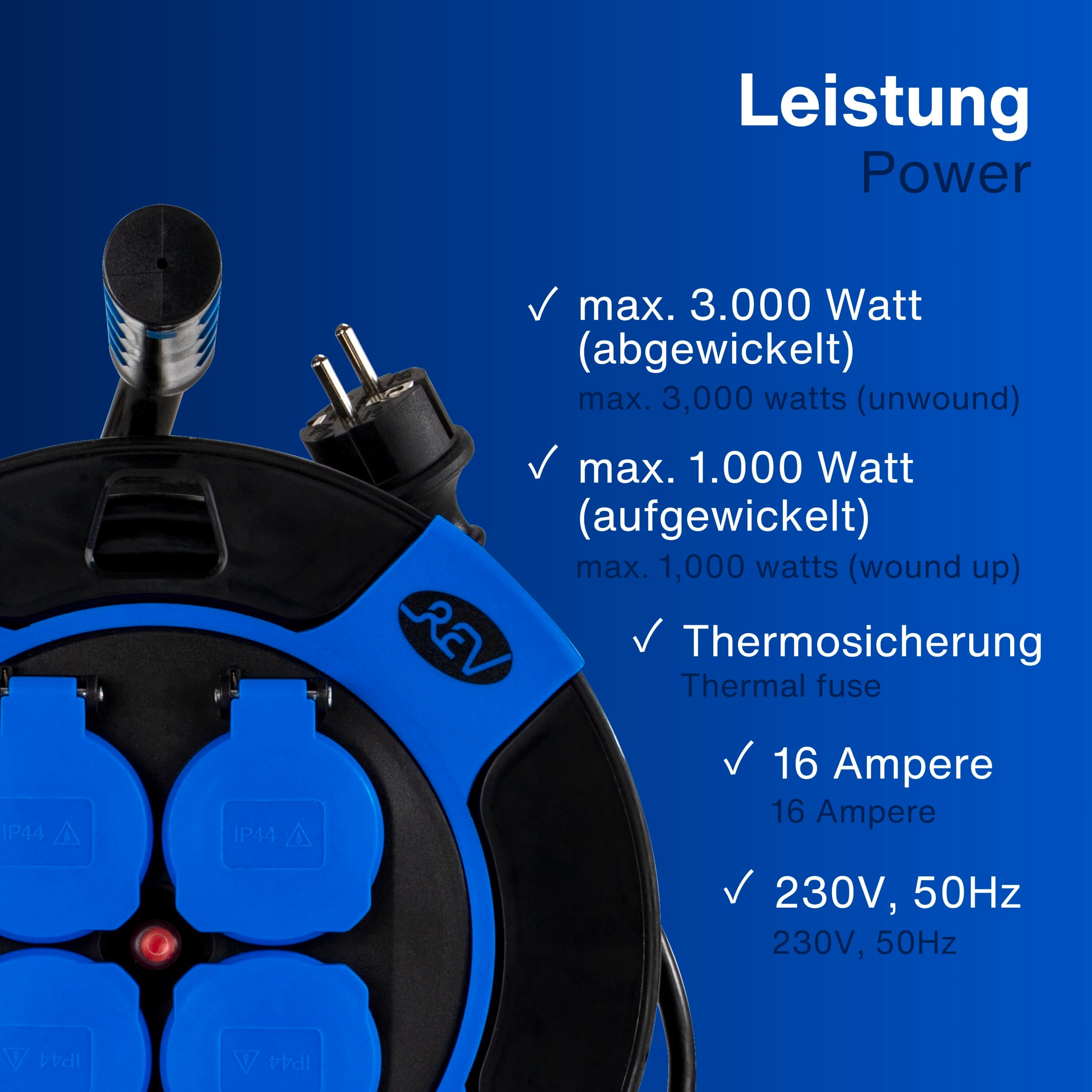 REV Kabeltrommel, IP44, Outdoor, 4 Schutzkontaktsteckdosen, 25m, schwarz