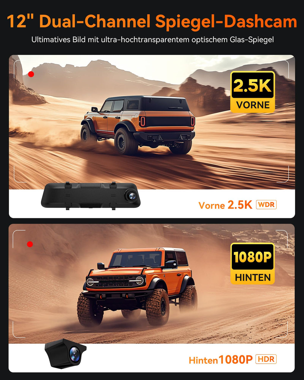 WOLFBOX 12" G840H Spiegel Dashcam mit Rückfahrkamera, ADAS und BSD, 2.5K Dual Dash Cam Spiegel mit 5.8GHz WiFi, Sprachsteuerung, Loop-Aufnahme, Parküberwachung, Kostenlose 32 GB Karte und GPS