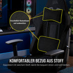 Corsair TC100 Relaxed-Gaming-Stuhl – Stoff – Vom Rennsport inspiriertes Design – Lendenkissen – Abnehmbares Nackenkissen aus Memory-Schaumstoff – Verstellbare Armlehnen – Schwarz