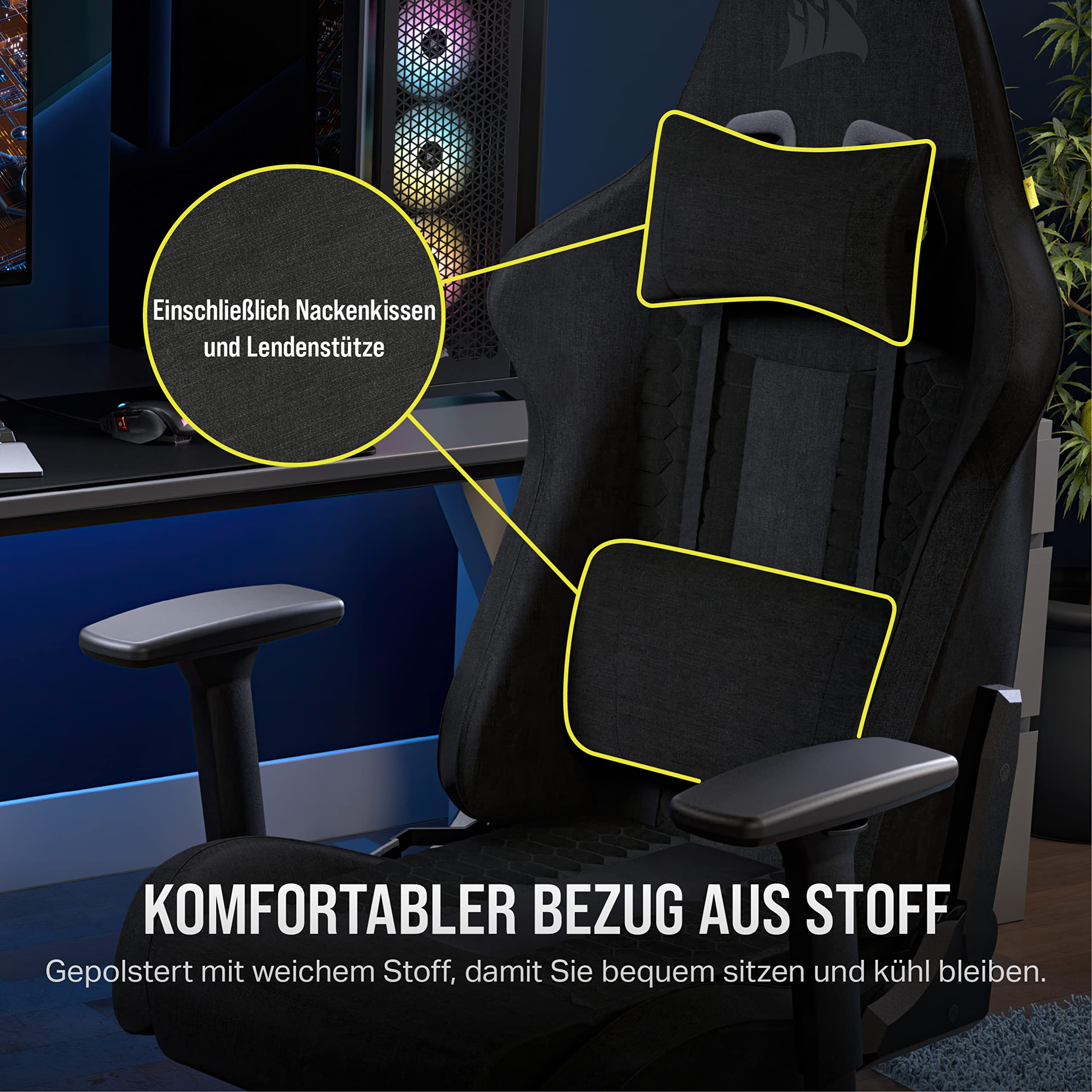 Corsair TC100 Relaxed-Gaming-Stuhl – Stoff – Vom Rennsport inspiriertes Design – Lendenkissen – Abnehmbares Nackenkissen aus Memory-Schaumstoff – Verstellbare Armlehnen – Schwarz