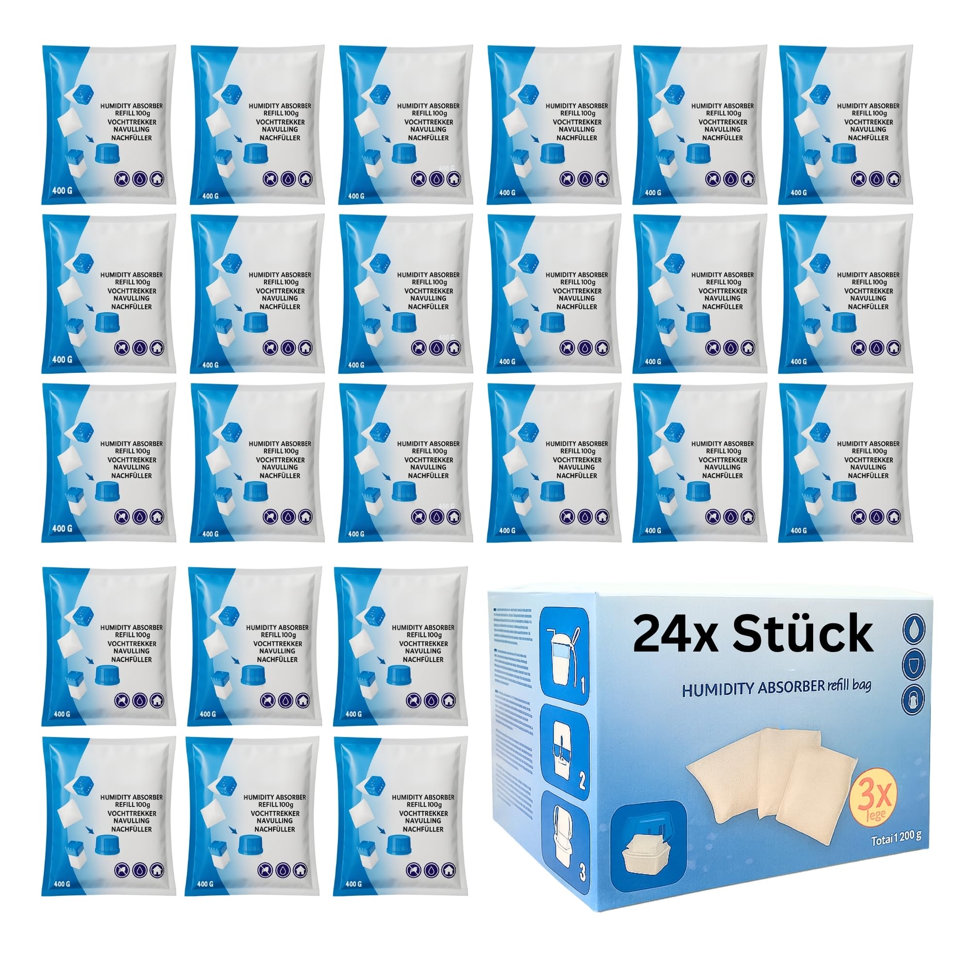 Luftentfeuchter Nachfüllpack 24 x 400g Entfeuchter Granulat für Raumentfeuchter und Luftentfeuchter Box Nachfüllpacks gegen Feuchtigkeit & Gerüche für Bad, Keller, Wohnmobil & HLKauf-Block